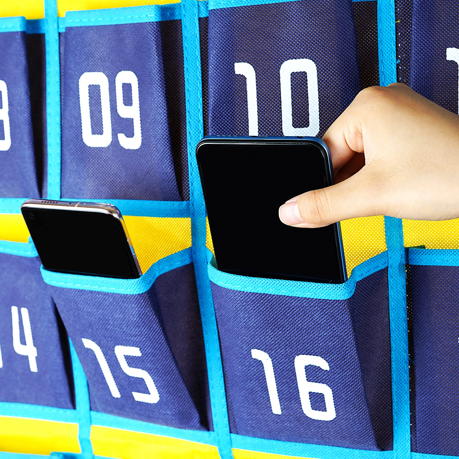 Loghotqqw Numbered Classroom Sundries Closet Pocket Chart for Cell Phones Holder Wall Door Hanging Organizer Blue (36 Pockets with Digital)