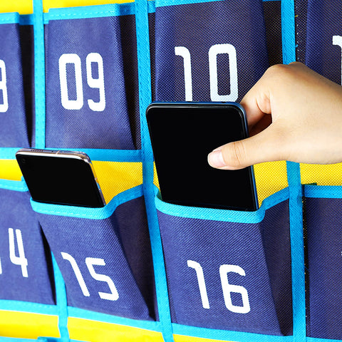 Loghotqqw Numbered Classroom Sundries Closet Pocket Chart for Cell Phones Holder Wall Door Hanging Organizer Blue (36 Pockets with Digital)