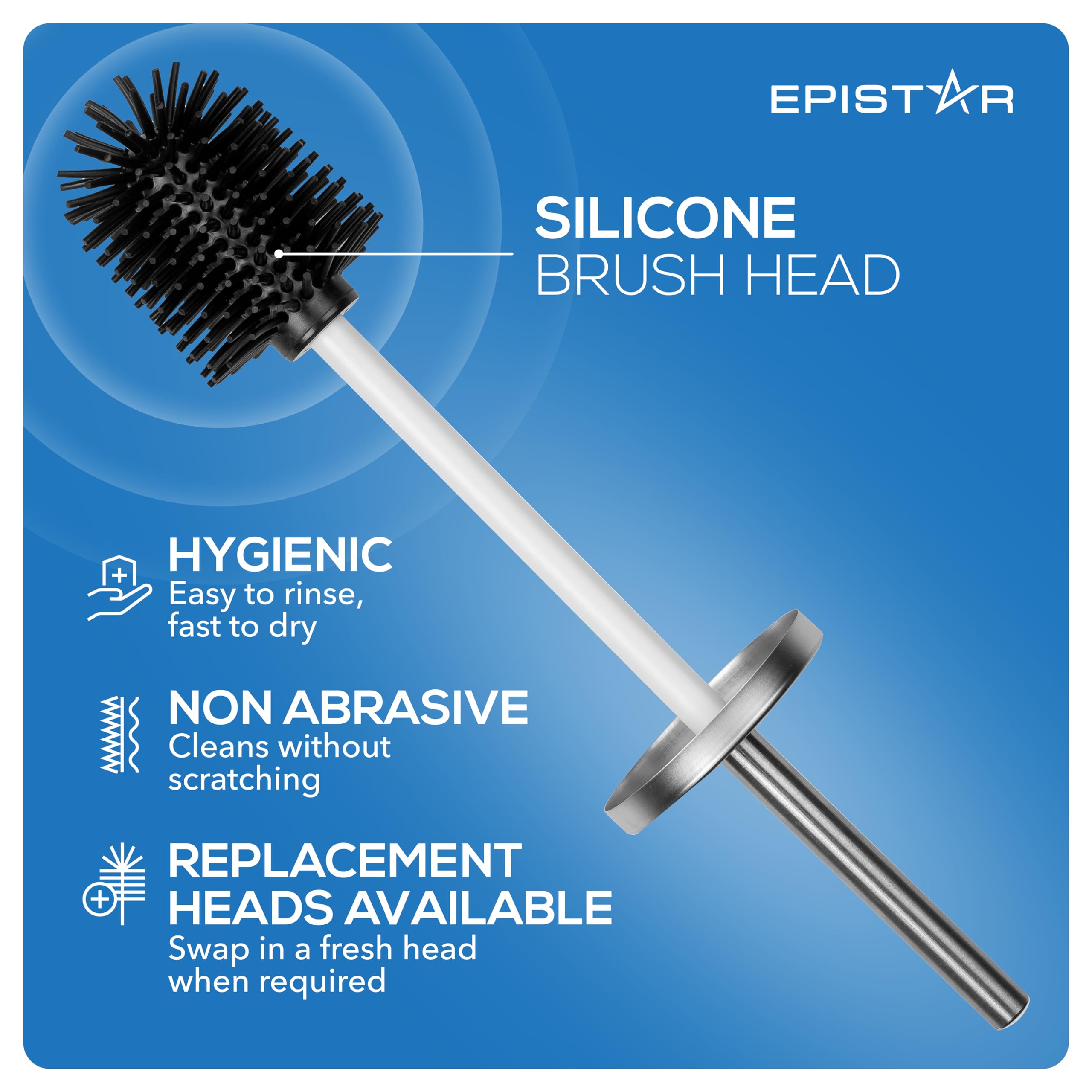 EPISTAR Silicone Toilet Brush & Holder Set - Stainless Steel - Replacement Heads Available - 45cm Tall - Toilet Brush Silicone with Long Handle