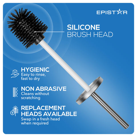 EPISTAR Silicone Toilet Brush & Holder Set - Stainless Steel - Replacement Heads Available - 45cm Tall - Toilet Brush Silicone with Long Handle