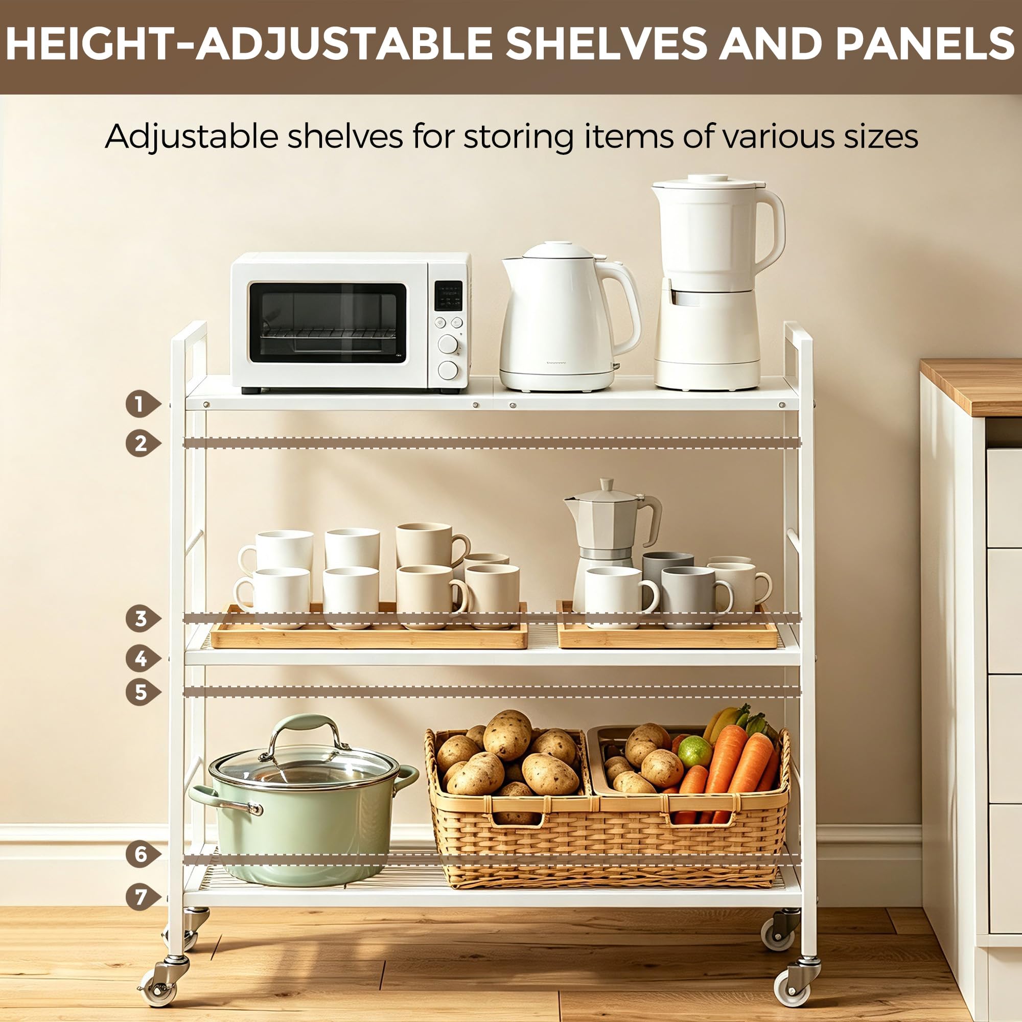 3-Tier kitchen trolley,Oak Wood Top,80W×30Dcm,4 Hooks, Adjustable Shelves
