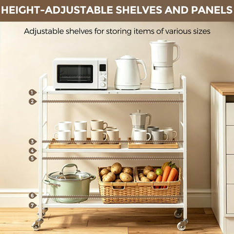 3-Tier kitchen trolley,Oak Wood Top,80W×30Dcm,4 Hooks, Adjustable Shelves