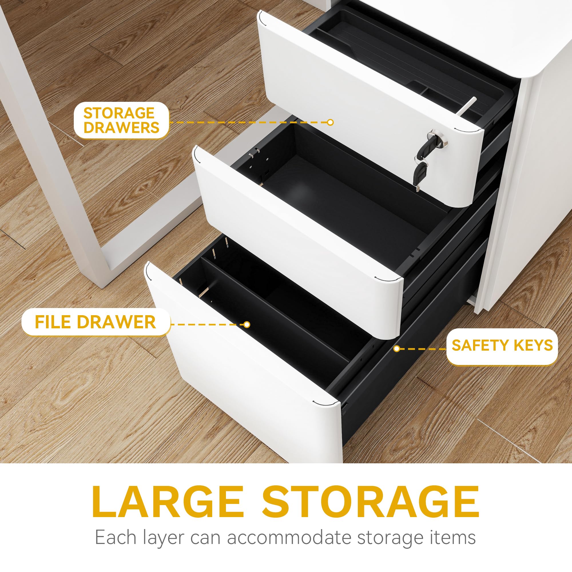 DWVO 3 Drawer Lockable Filing Cabinet Mobile Steel Office White 30x45x61cm