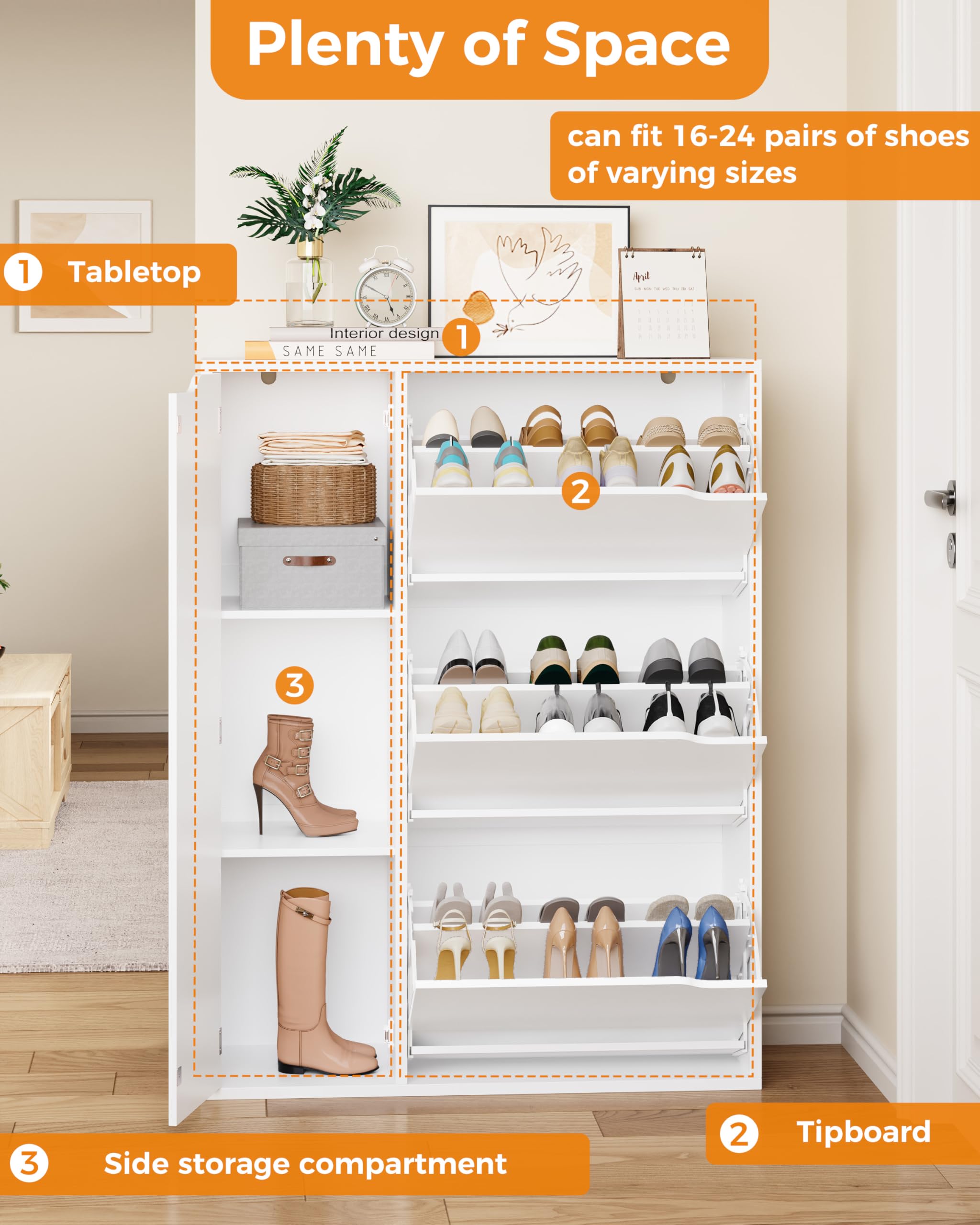 IRONCK Shoe Storage Cabinet Cupboard, 3 Flip Drawers, Shoe Rack Cabinet Hallway with Boot Cabinet, Free Standing Wooden Shoe Storage Organiser Unit