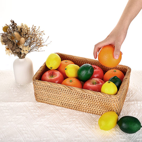 IGNPION Rectangle Rattan Woven Fruit Basket Wicker Food Tray Storage Holder Home Bathroom Kitchen Storage Basket