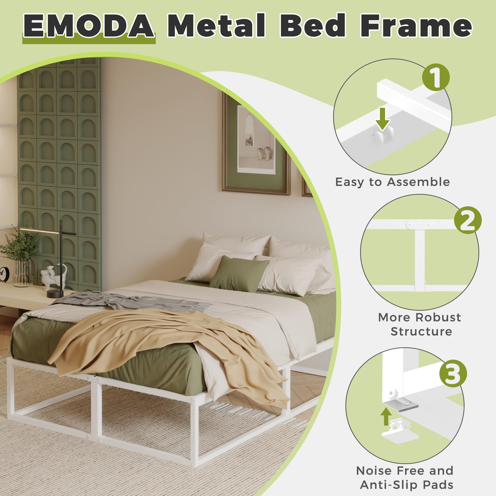 EMODA King Size Bed Frame 36cm High with Steel Slats Support, White