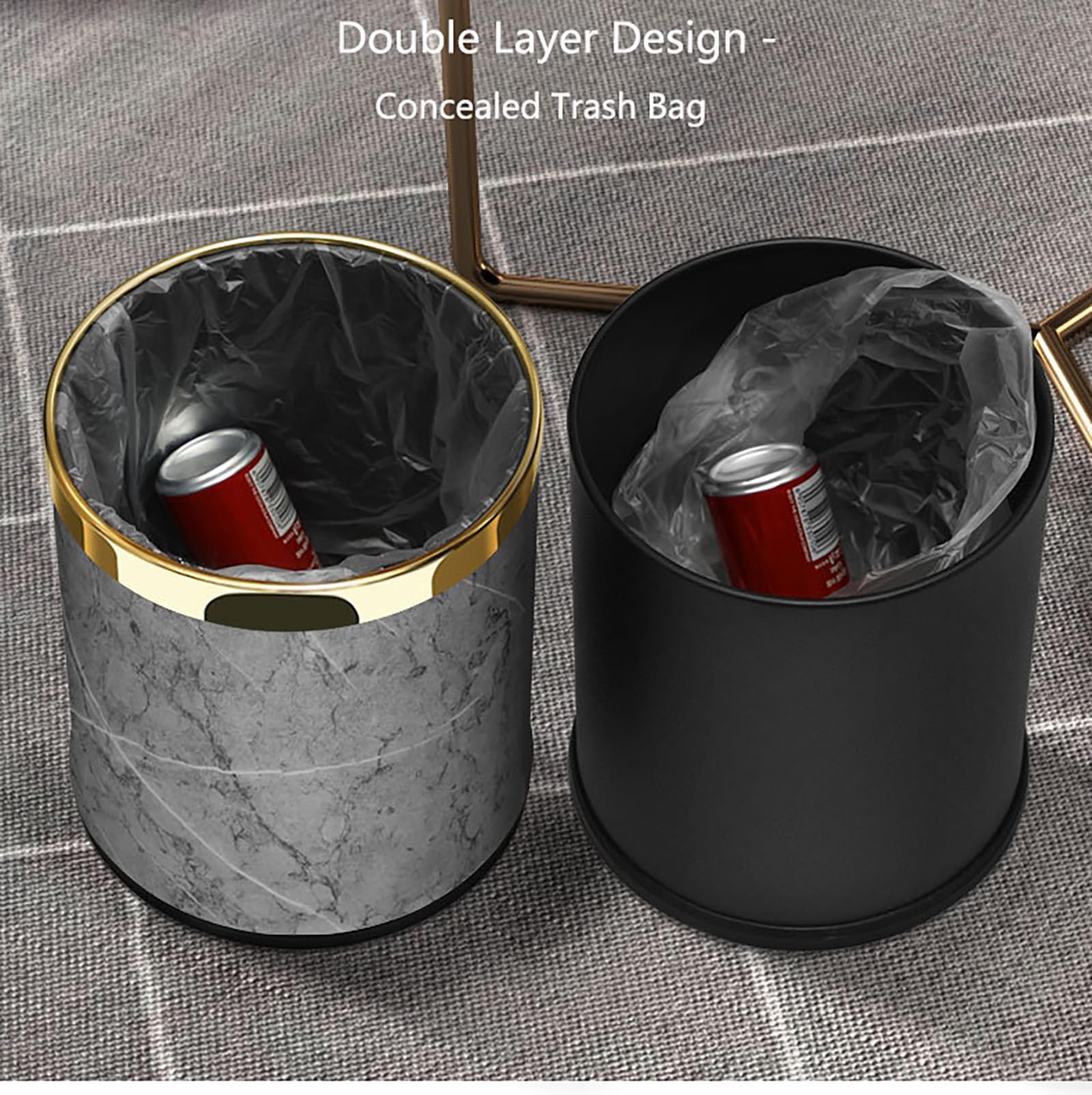 SXYLOB Luxury Metal Waste Bin 10L, Double Layer Trash Can PU Leather Covered Round Wastebasket Dust Bins for Kitchen Bathroom Hotel Office (Grey Hui)