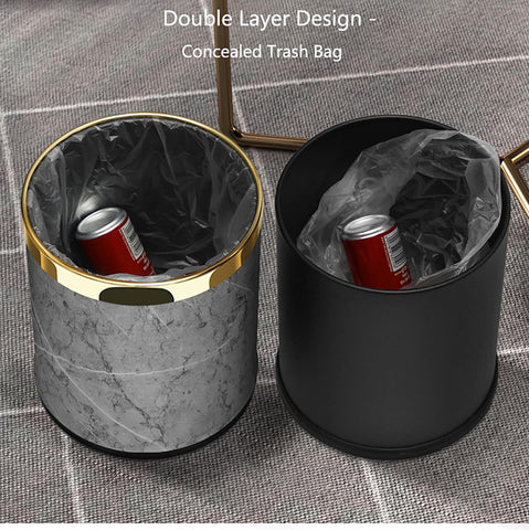 SXYLOB Luxury Metal Waste Bin 10L, Double Layer Trash Can PU Leather Covered Round Wastebasket Dust Bins for Kitchen Bathroom Hotel Office (Grey Hui)