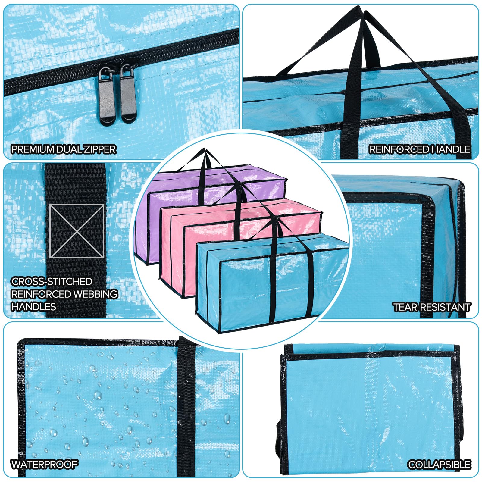 6 Pack Extra Large Strong Moving Boxes with Lid and Zips, Heavy Duty Big Storage Bag Box for Moving House, Clothes, Duvet, Travelling, Laundry Bags