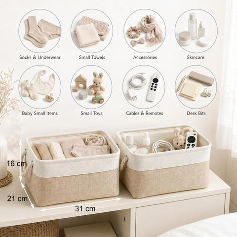 Mangata Fabric Storage Box set of 3, Foldable Fabric Storage Baskets with Handles for Cupboards, Wardrobe, Shelves, Clothes, Toys, Towel