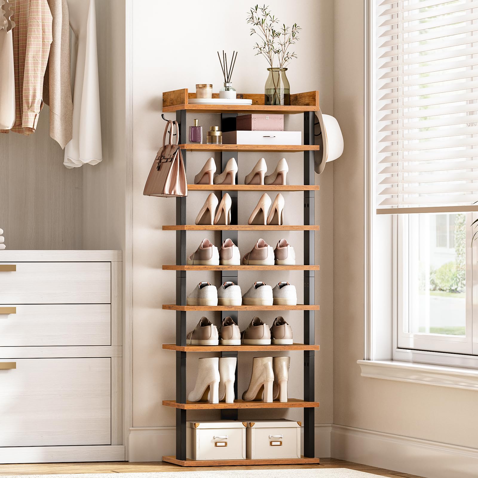 HOOBRO Narrow 9-Tier Tall Shoe Rack, Wooden Storage Organizer With 2 Hooks, Slim Shelf, Vertical Tower for Entrance, Industrial