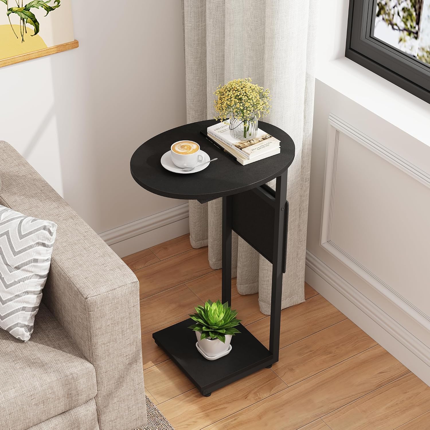 Vagusicc C Shaped End Table, Small Couch Side Tables with Metal Frame that Slide Under Sofa Table TV Tray for Living Room, Bedroom, Black