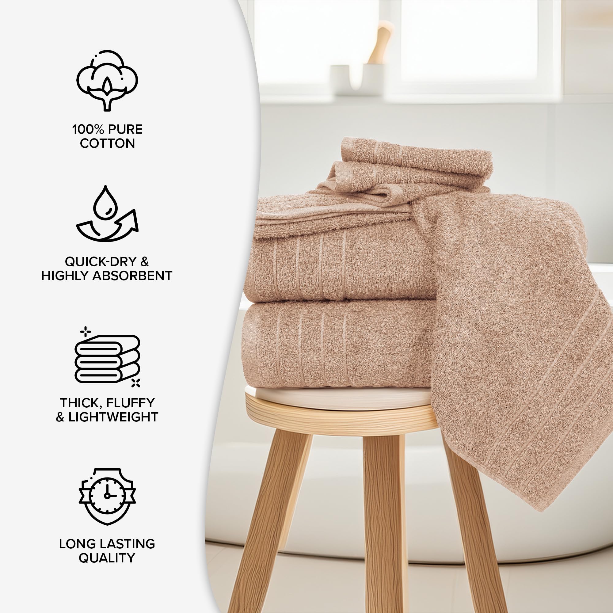 100% Cotton 8 Piece Towel Bale Set - Luxury Bathroom Towels (Beige)