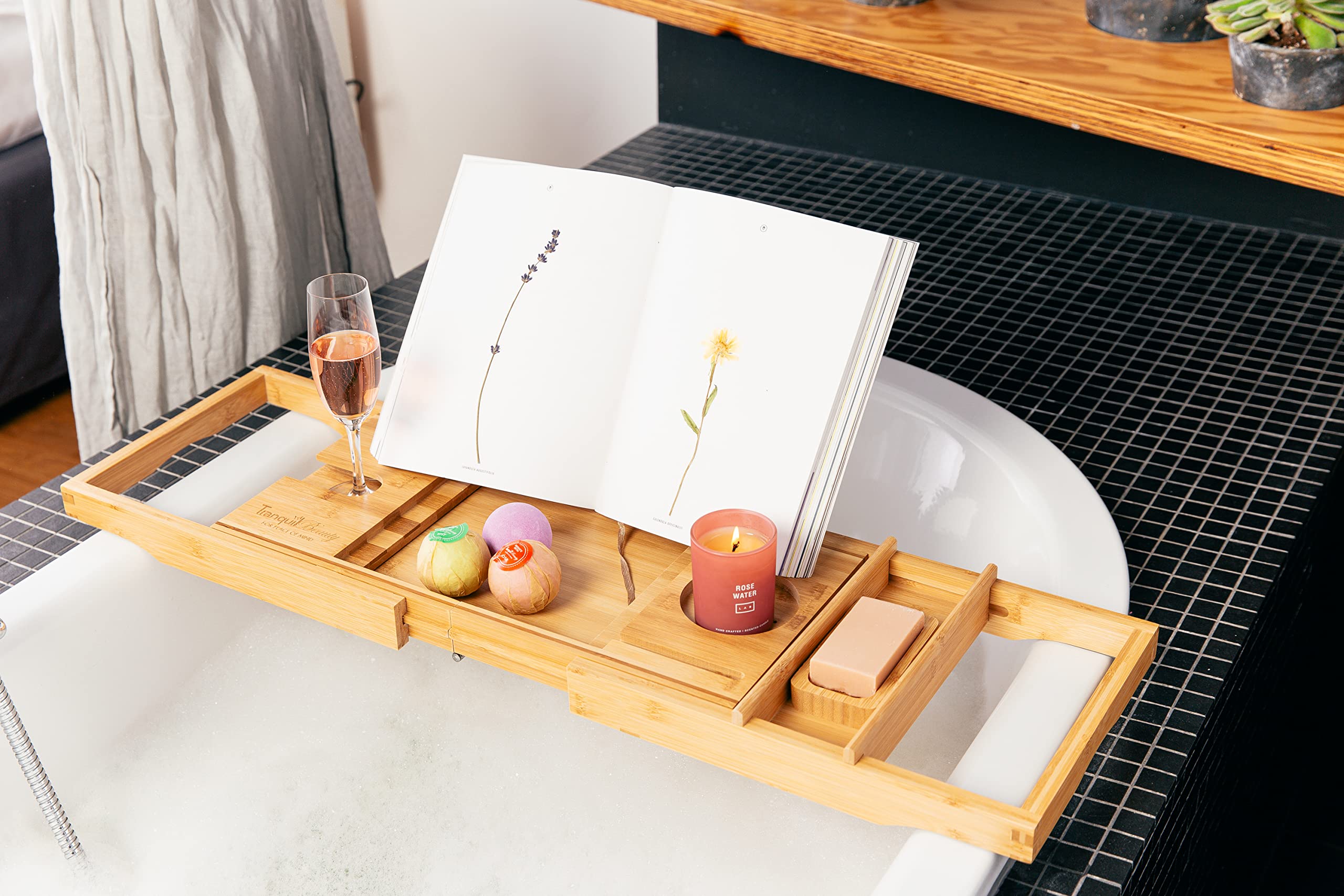 TranquilBeauty Sustainable Natural Bamboo Bath Board with Secure Slot Mechanism for iPad, Tablet and Phone