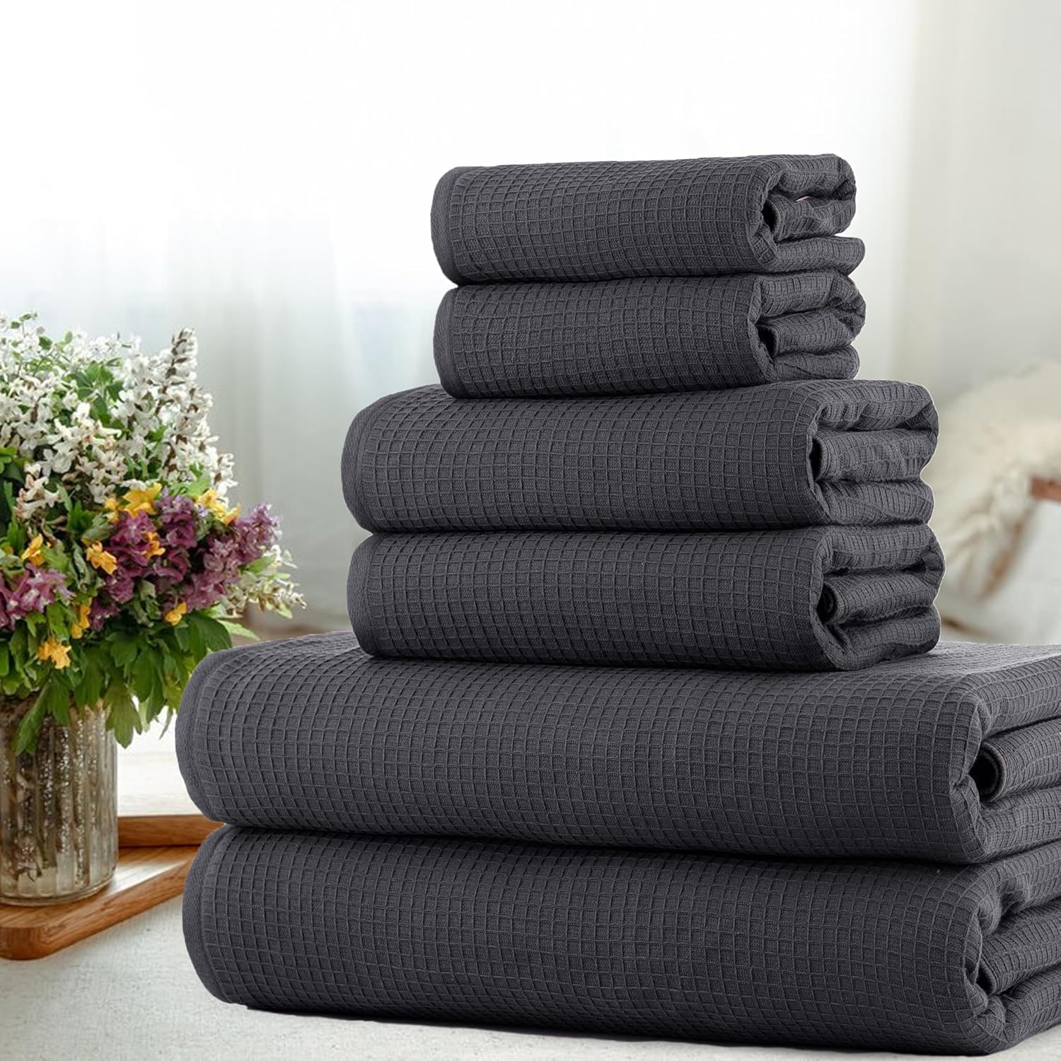 CASA COPENHAGEN Waffle Terry 6-piece set, cotton, extra large, luxurious, fir grey, 2 bath towels XL, 70 x 140 cm, 2 large hand towels, 50 x 80 cm