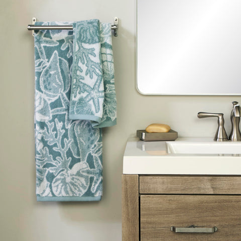 SKL Home South Seas Shell 100% Cotton Premium Bath Towel, 550 GSM, Reversible Jacquard, Soft & Absorbent, Tropical/Coastal/Beach/Resort, Teal/White