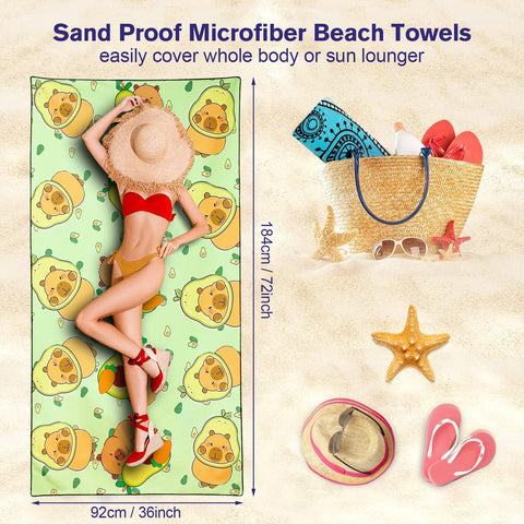 Violetpos Capybara & Avocado Beach Towel, Extra Large 180x90 cm 250GSM Microfibre, Sand Free Quick Dry
