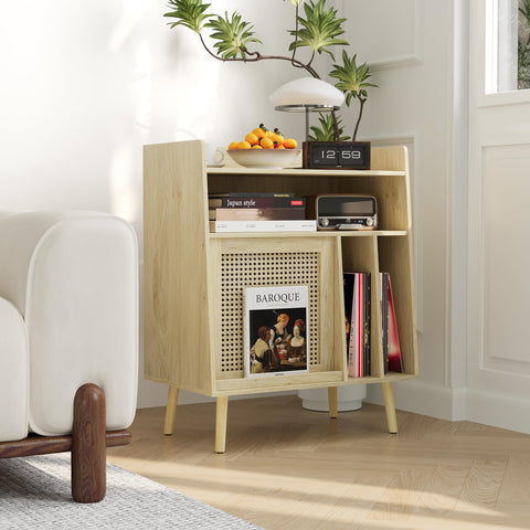 Semiocthome Record Player Stand with Vinyl Storage, Record Player Table with Storage Shelf, Turntable Stand with Rattan Cabinet Door