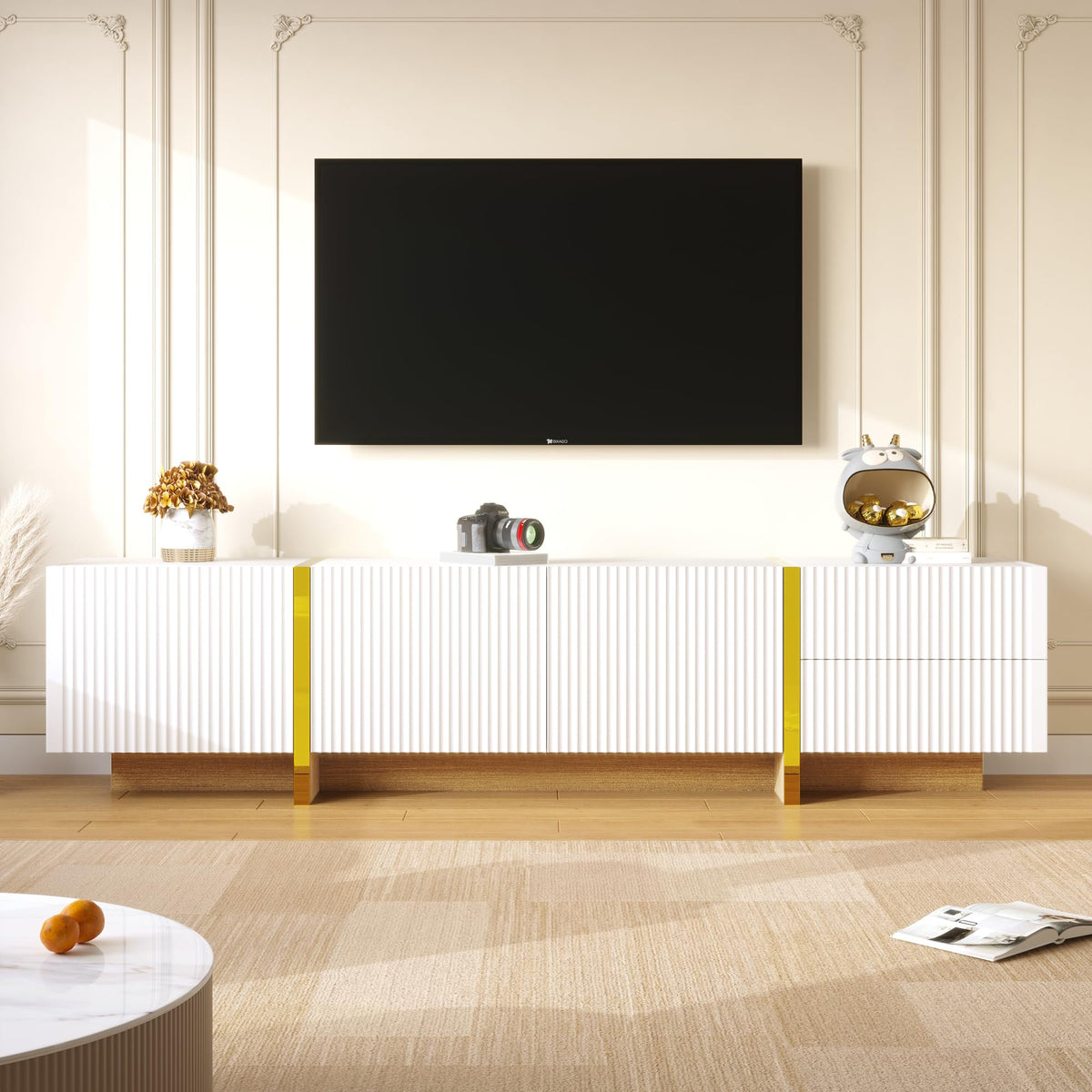 Ball & Cast TV Cabinet for TV up to 85", TV Stand with 2 Drawers, 2 Cabinets and Open Shelves, Embossed Pattern TV Stand Cabinet, 190x35x34cm