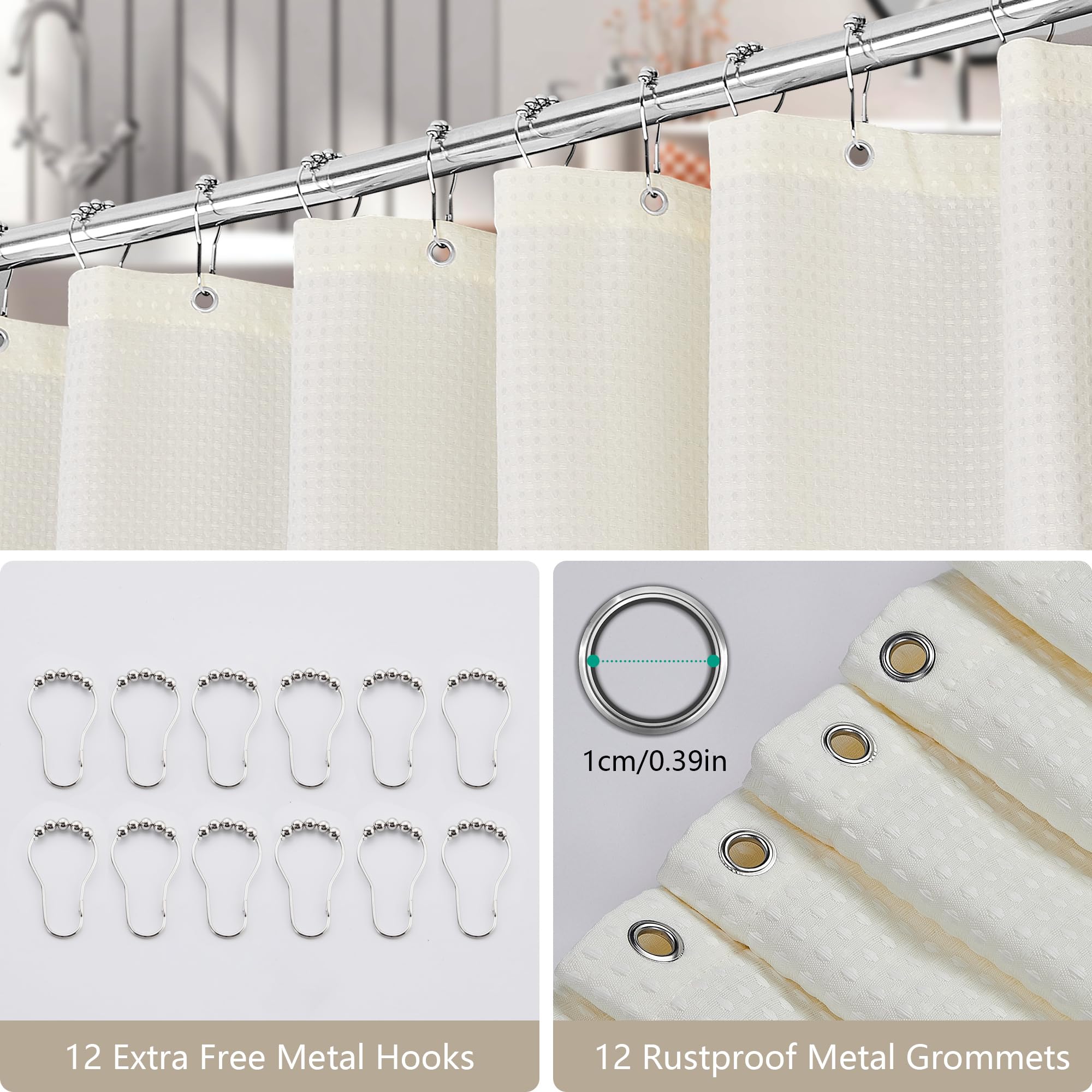 FIISAYL Shower Curtain for Bathroom, Weighted Hem, Waterproof and Anti Mould Resistant Waffle Fabric Curtains with 12 Hooks, Machine Washable