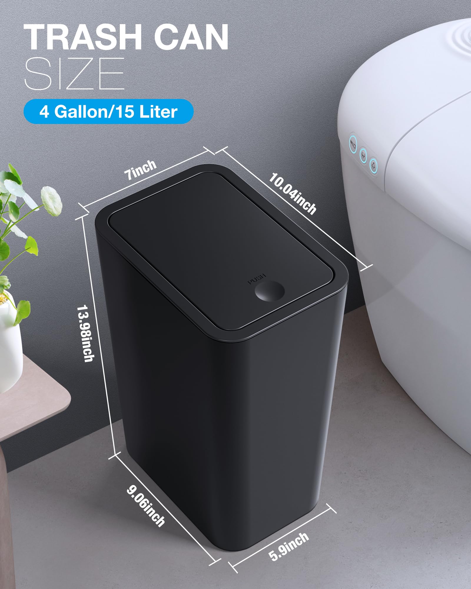 ITCPRL Bathroom Trash Can with Lid, 2 Pack 4 Gallons/15 Litres Garbage Can with Pop-Up Lid, Small Plastic Trash Can