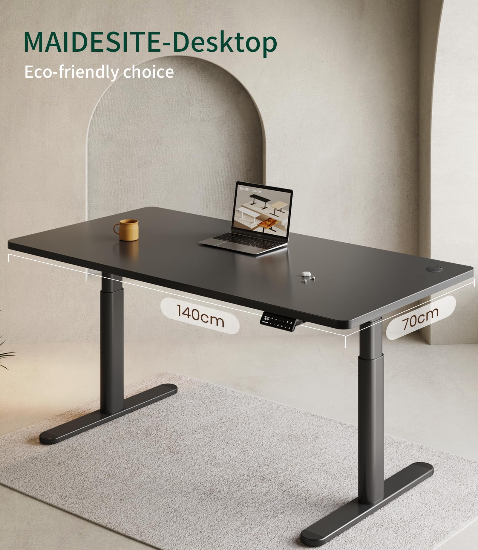 MAIDeSITe Table Top,Desktop for Height Adjustable Electric Standing Desk,Black,140 * 70 * 2.5 cm