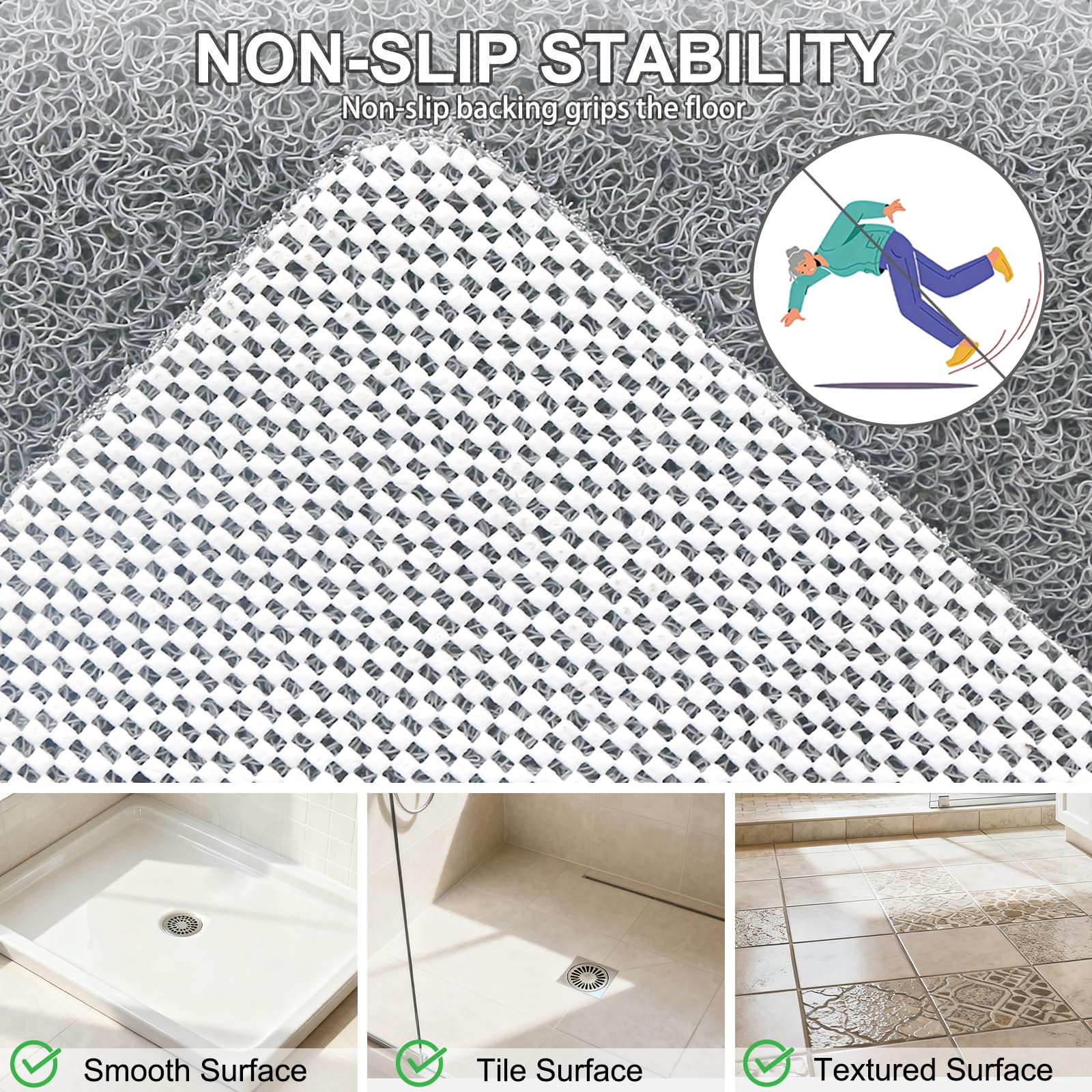 Shower Mat Non Slip Anti Mould: Bath Mats for Inside Bath- 60 x 40 cm Anti Slip Shower Mats for Inside Shower- Loofah Shower Mat Grey Long Washable