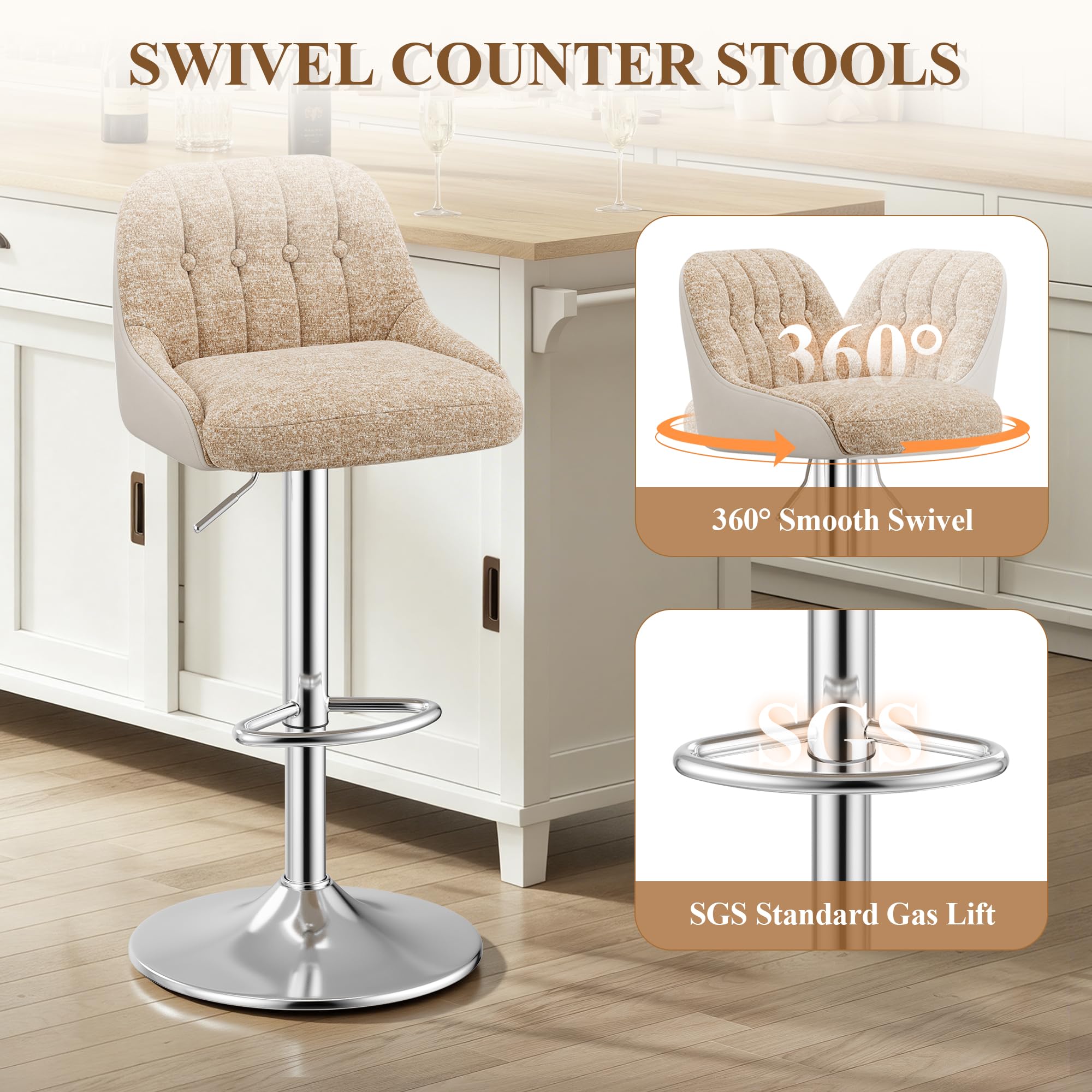 MALOL Adjustable Bar Stools Set of 4, Swivel Counter Stools with Backrest, Chenille & Faux Leather Upholstered Bar Chairs