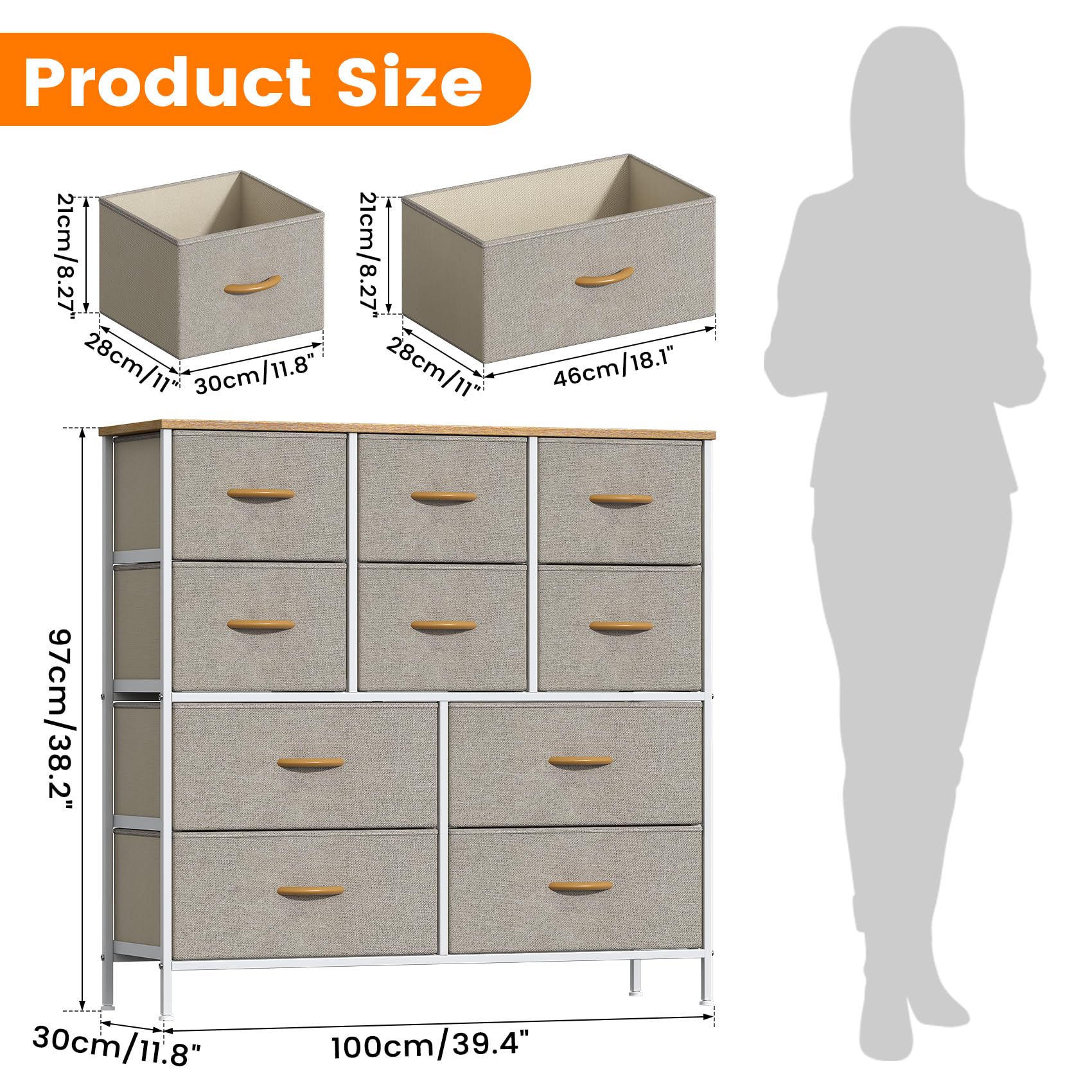 Feonase Chest of Drawers, Bedroom Tall Dresser with 10 Fabric Drawers, Metal Frame & MDF Wood Top, Adjustable Feet