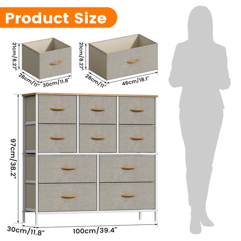 Feonase Chest of Drawers, Bedroom Tall Dresser with 10 Fabric Drawers, Metal Frame & MDF Wood Top, Adjustable Feet