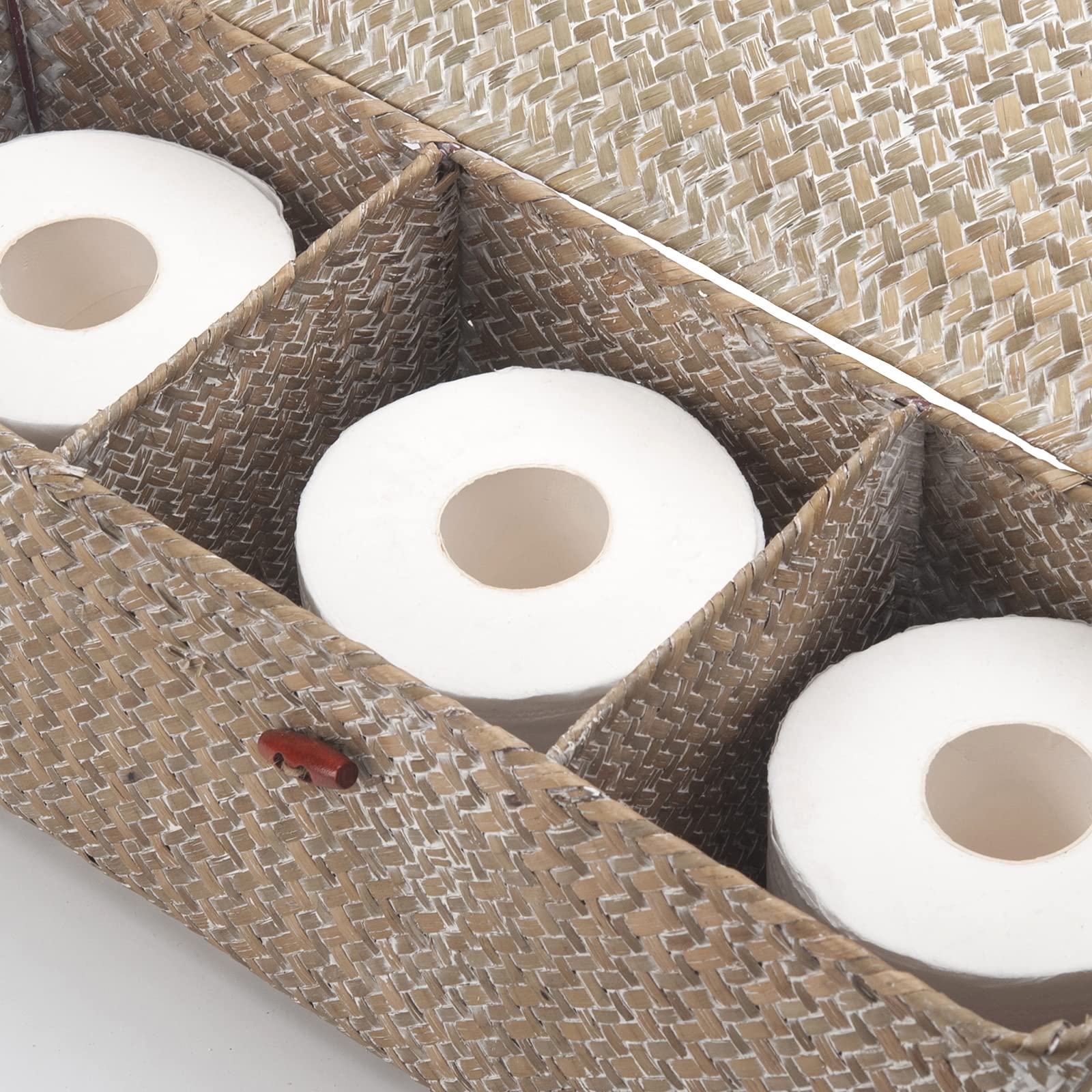 Whitewash Seagrass Tank Basket with Lid Woven Toilet Roll Storage Basket with Sections Rectangular for Organize Snack Toys