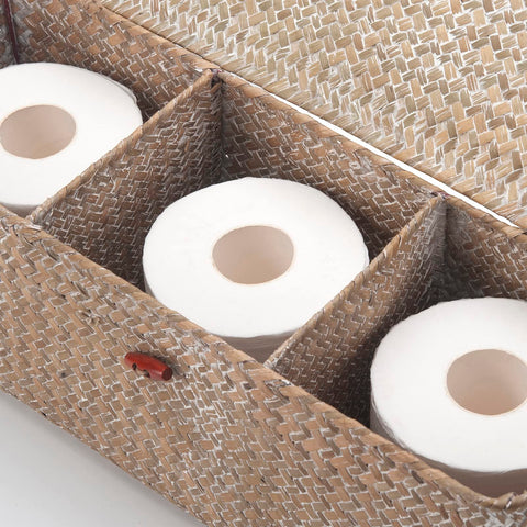 Whitewash Seagrass Tank Basket with Lid Woven Toilet Roll Storage Basket with Sections Rectangular for Organize Snack Toys