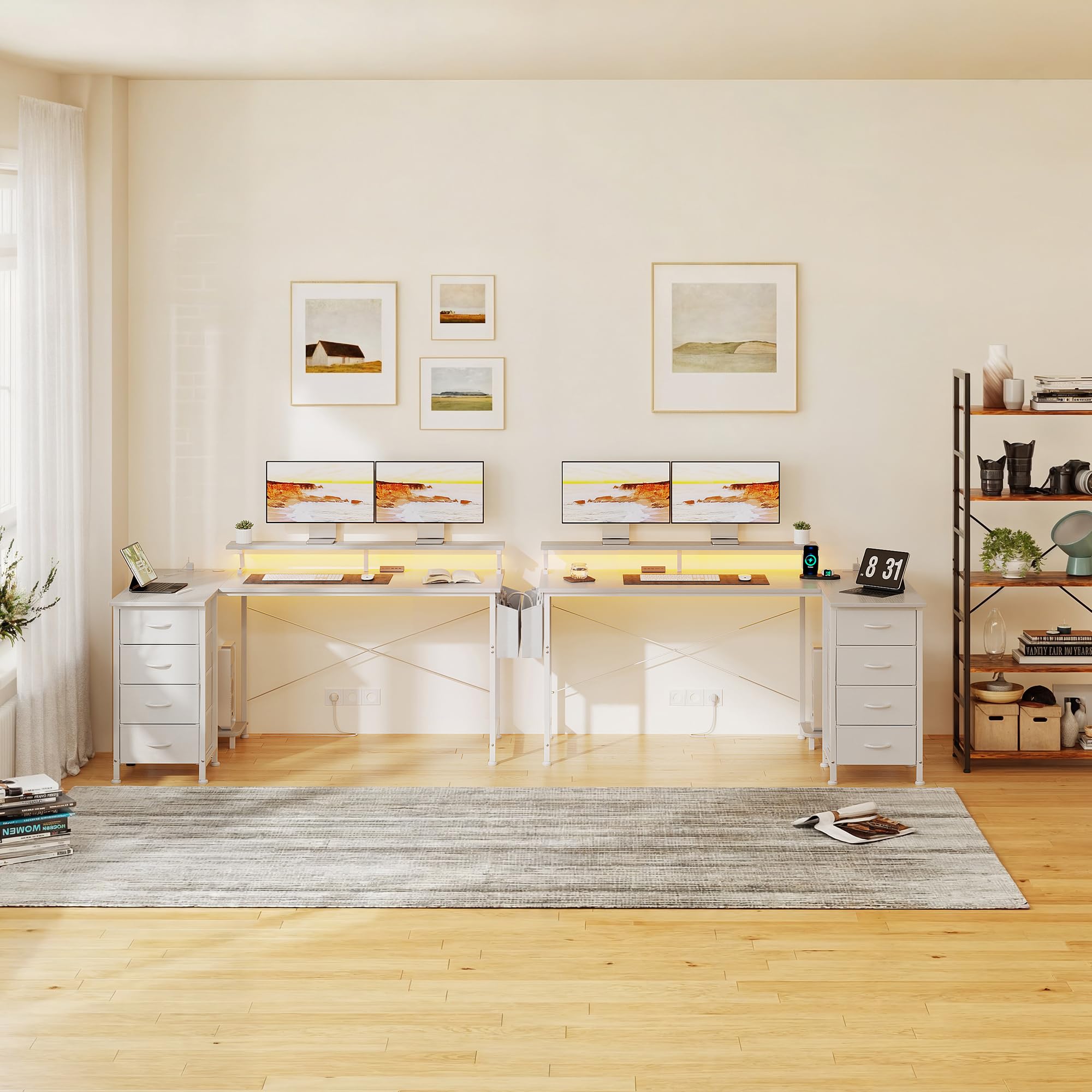 VERMESS Corner Desk with 4 Drawers, L Shaped Computer Desk with LED Lights & Power Outlets