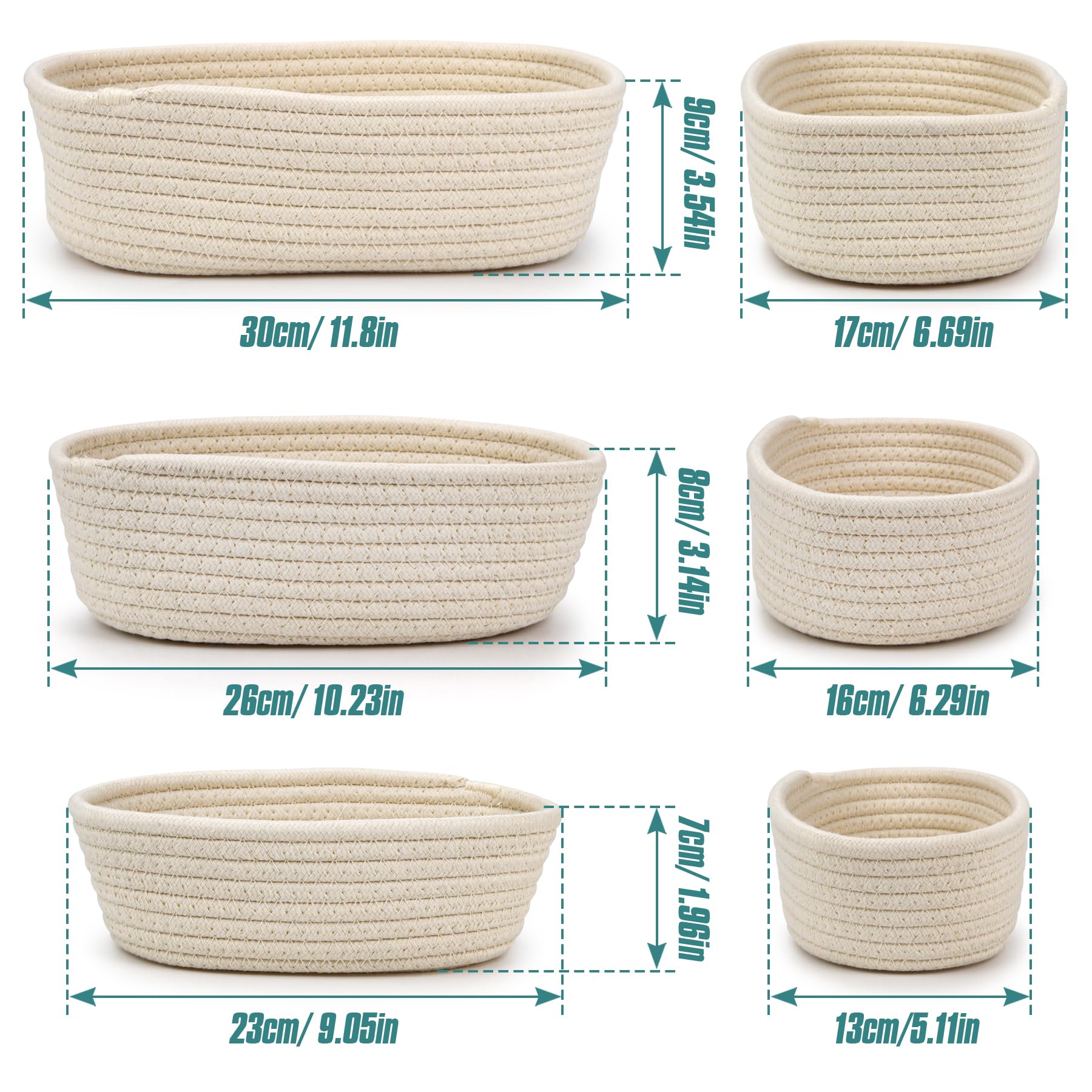 Spesh Cotton Rope Storage Baskets, Set of 3 Woven Shelf Baskets Oval Cotton Storage Boxes Empty Hampers Organiser Bins(White)