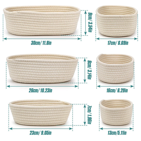Spesh Cotton Rope Storage Baskets, Set of 3 Woven Shelf Baskets Oval Cotton Storage Boxes Empty Hampers Organiser Bins(White)