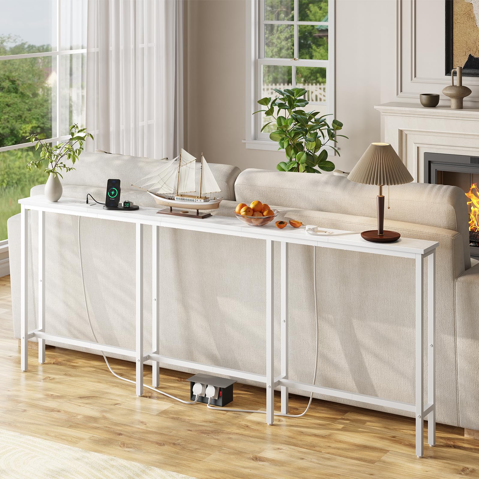HOOBRO 200 cm Slim Console Table with 2 Charging Stations, Narrow Behind Sofa Table, Long Hallway Table with Adjustable Feet, for Hallway
