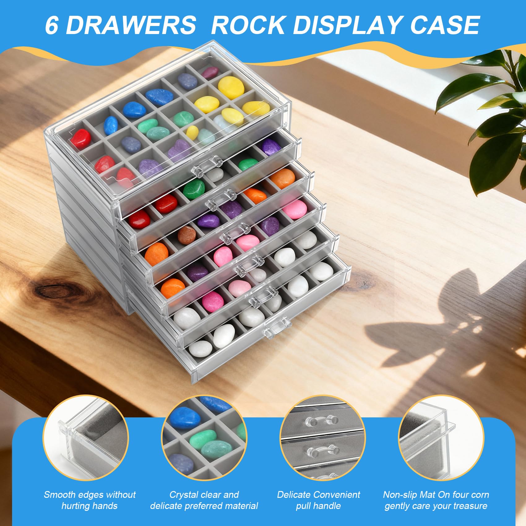 Juwacoo Rock Display Case, 6 Drawers 108 Grids Crystal Storage Box, Rock Collection Box, Acrylic Gemstone Box, Storage Stone Cases
