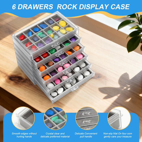 Juwacoo Rock Display Case, 6 Drawers 108 Grids Crystal Storage Box, Rock Collection Box, Acrylic Gemstone Box, Storage Stone Cases