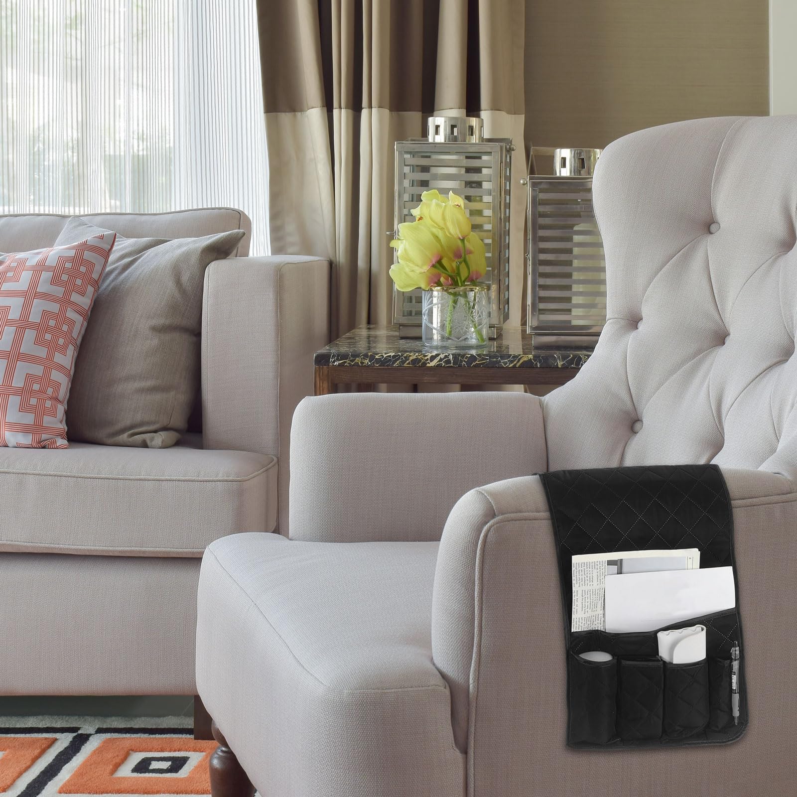 sourcing map 1 Pcs Recliner Armchair Caddy, Couch Armrest Organizer with 5 Pockets for Bedside Sofa Remote Control Holders Magazine Phone Book