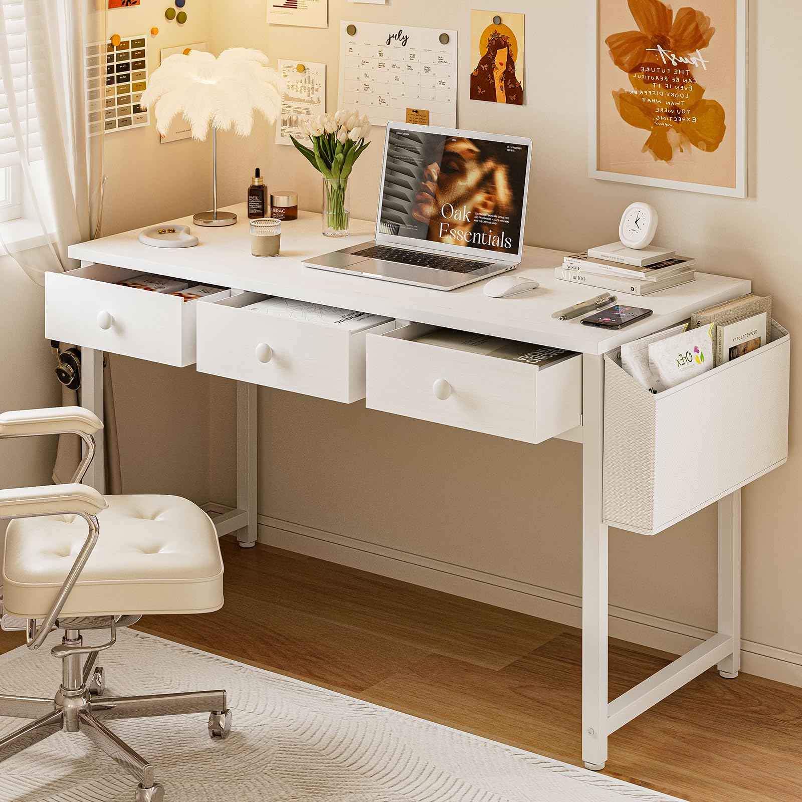 Grandder Small Computer Desk with 3 Fabric Drawers, 100 x 40 cm Home Office Desk with Storage Bags and Drawers