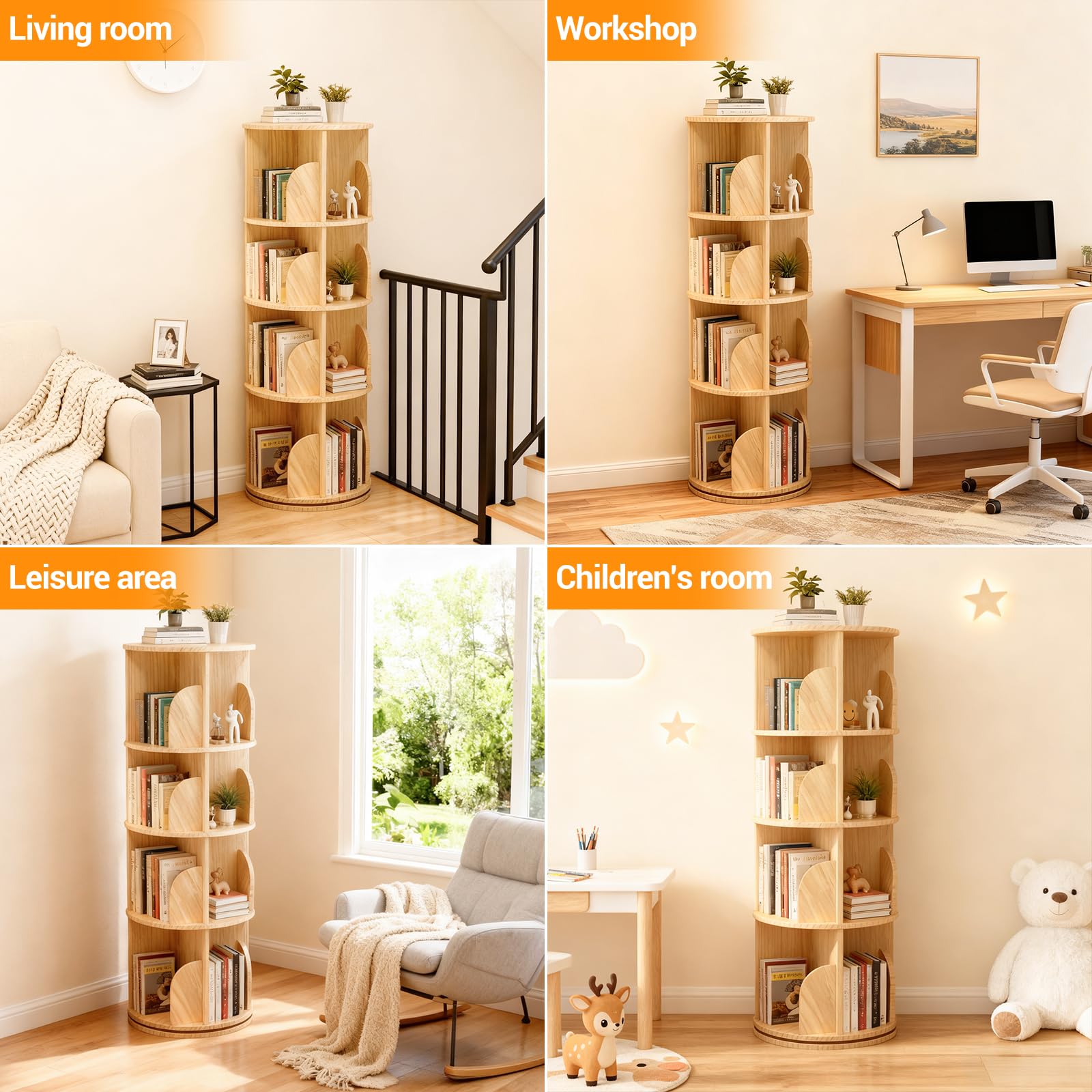 Lidzopas 360° Rotating Bookcase, Solid Wood Standing Shelf, Floor Standing Bookcase, Multifunctional Bookcase, Storage Shelf for Children, Adults