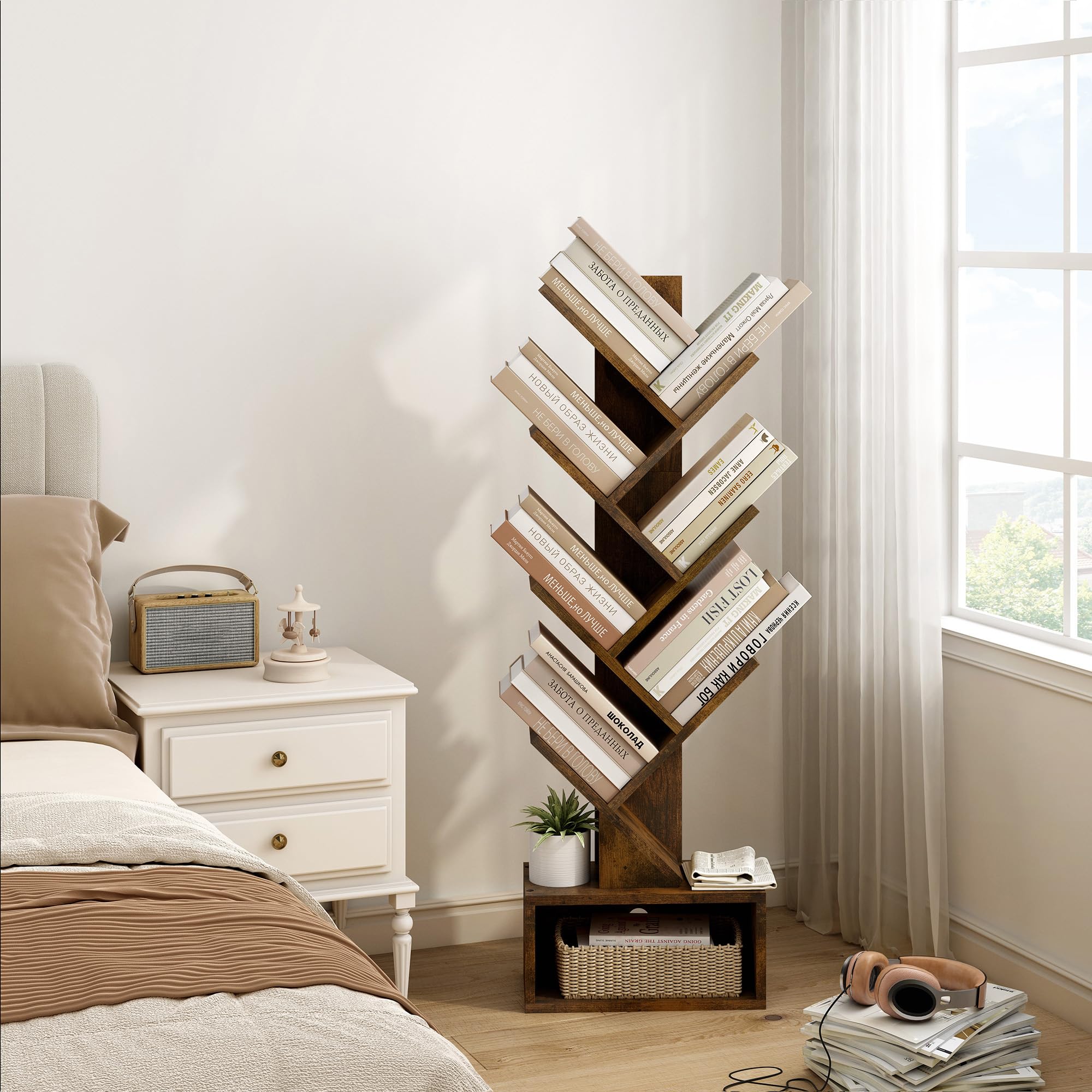 Hoctieon 6 Tier Tree Bookshelf, Tall Bookcase with Drawer, Freestanding Book Shelf, Display Floor Standing Storage Shelf