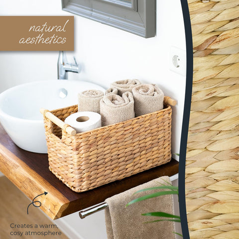 HMF Storage basket woven from water hyacinth, decorative basket with wooden handles for storage in the bathroom, living room, kitchen