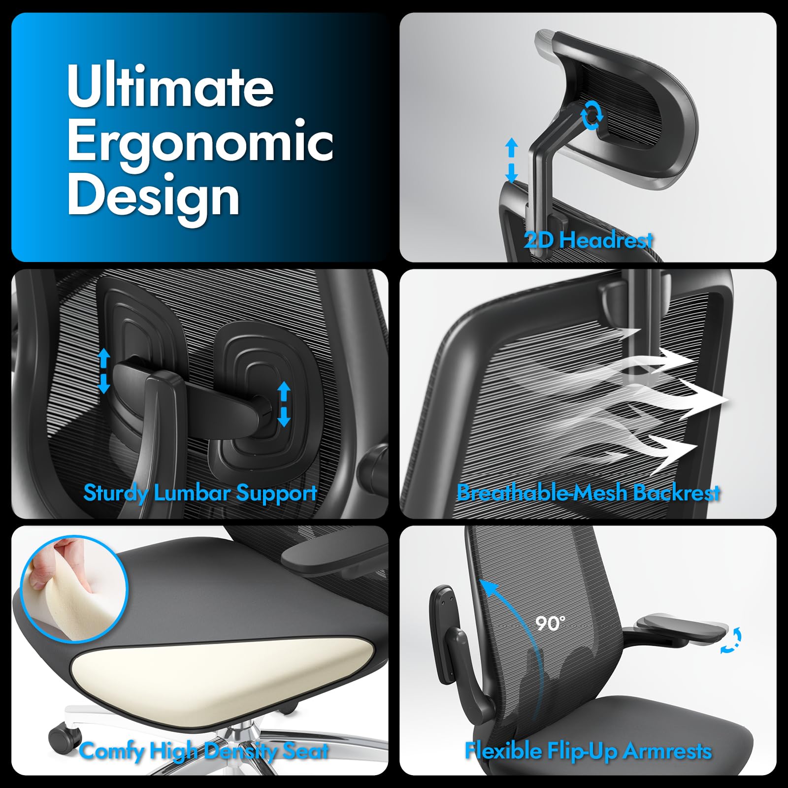 LarkLeaves Ergonomic Mesh Office Chair, Comfy with Adjustable Headrest, Flip-Up Arms, Lumbar Support, Thick Cushion, Swivel for Home Office, Study