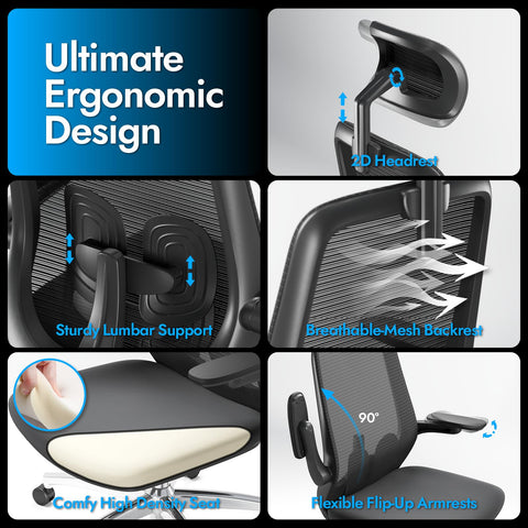 LarkLeaves Ergonomic Mesh Office Chair, Comfy with Adjustable Headrest, Flip-Up Arms, Lumbar Support, Thick Cushion, Swivel for Home Office, Study