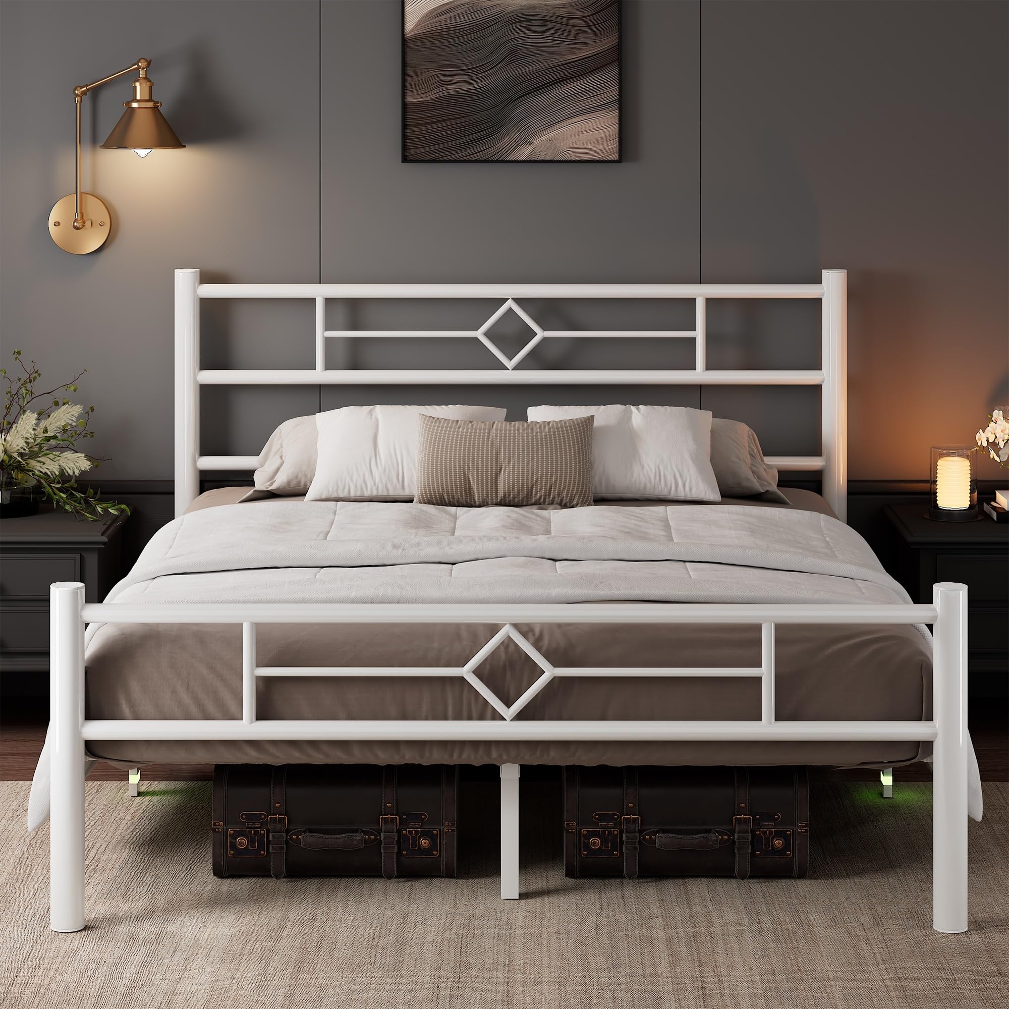 Feonase King Size Bed Frame with Headboard and Footboard, Metal Platform Kingsize Bed Frame with Underbed Storage, Solid Metal Slats Support