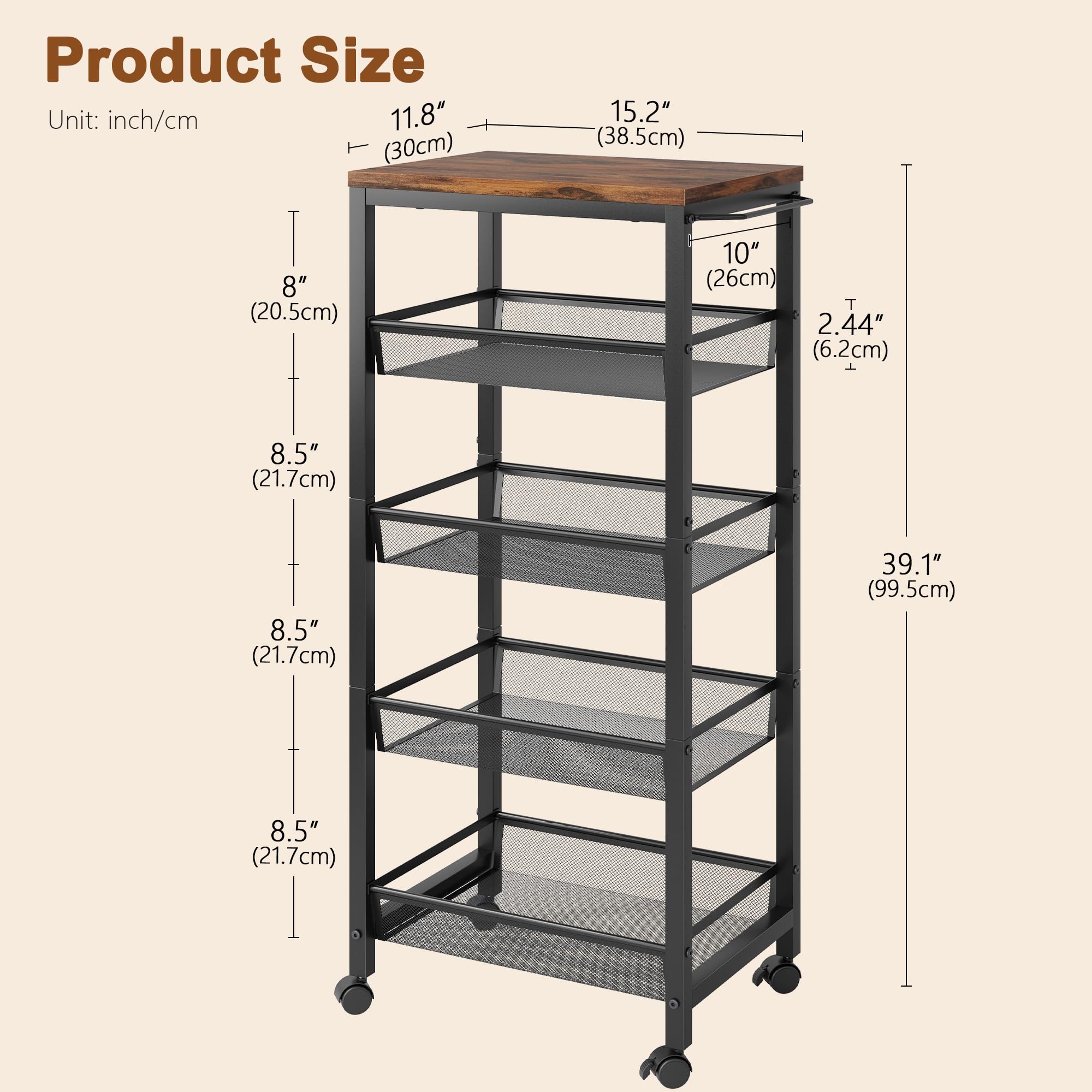 Hoctieon Slim Rolling Storage Cart, 5-Tier Narrow Kitchen Storage Cart with Handle & Wheels, Mobile Shelving Unit, Wooden Top & Metal Frame