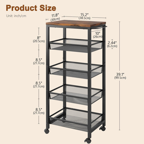 Hoctieon Slim Rolling Storage Cart, 5-Tier Narrow Kitchen Storage Cart with Handle & Wheels, Mobile Shelving Unit, Wooden Top & Metal Frame