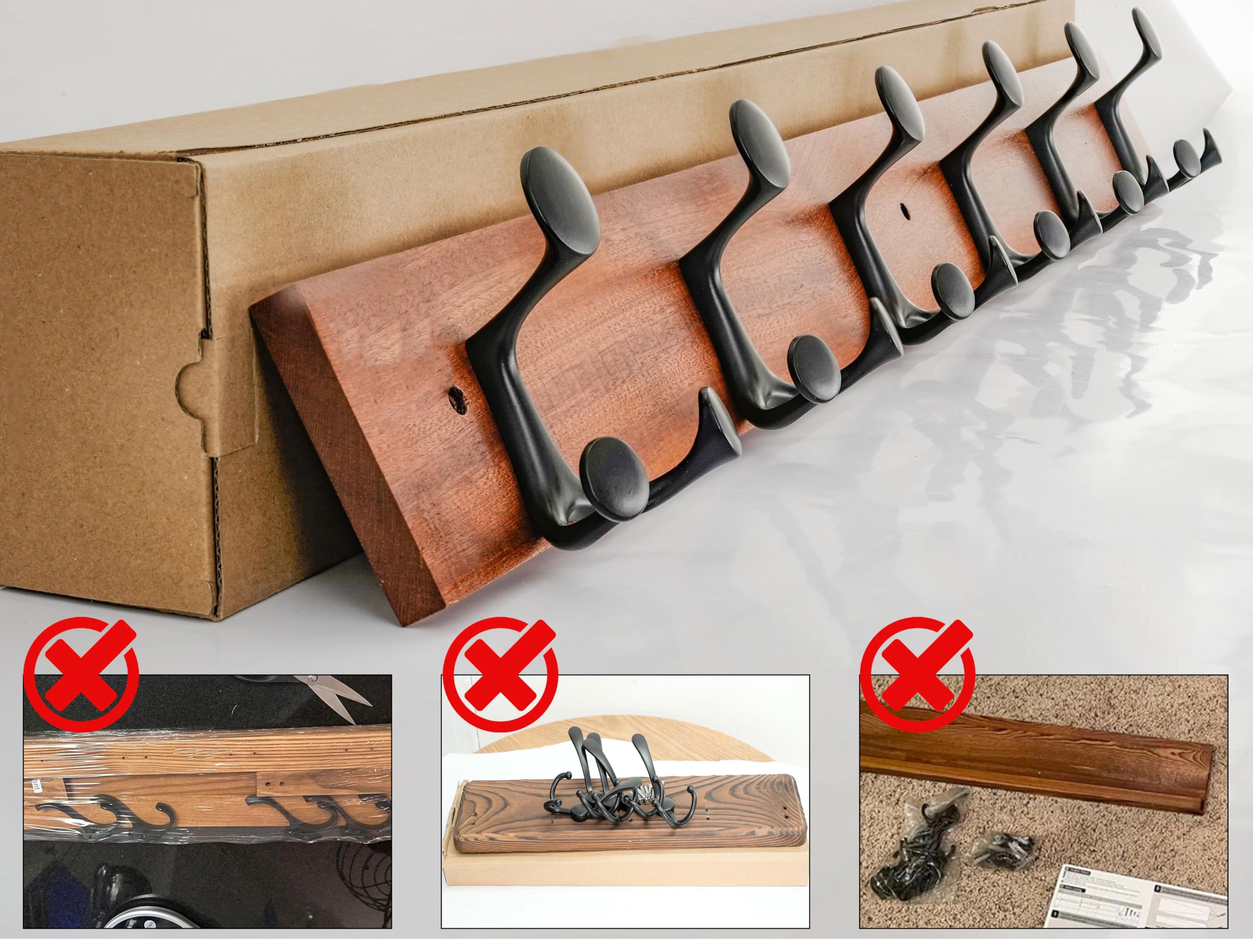 HONSKY Wall Mounted Coat Rack, 91cm Sapele Base,6 Black Sturdy Aluminium Alloy Triple Hooks(18 Hanging Points), Wall Coat Hanger for Entrance Hall