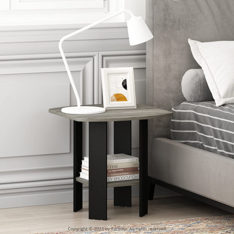 Furinno MODERN Grey Side Table, Round Corner End Table with 1-Tier Storage Shelf, Night Stand, Bedside Table, for Living Room, Bedroom, Grey Oak